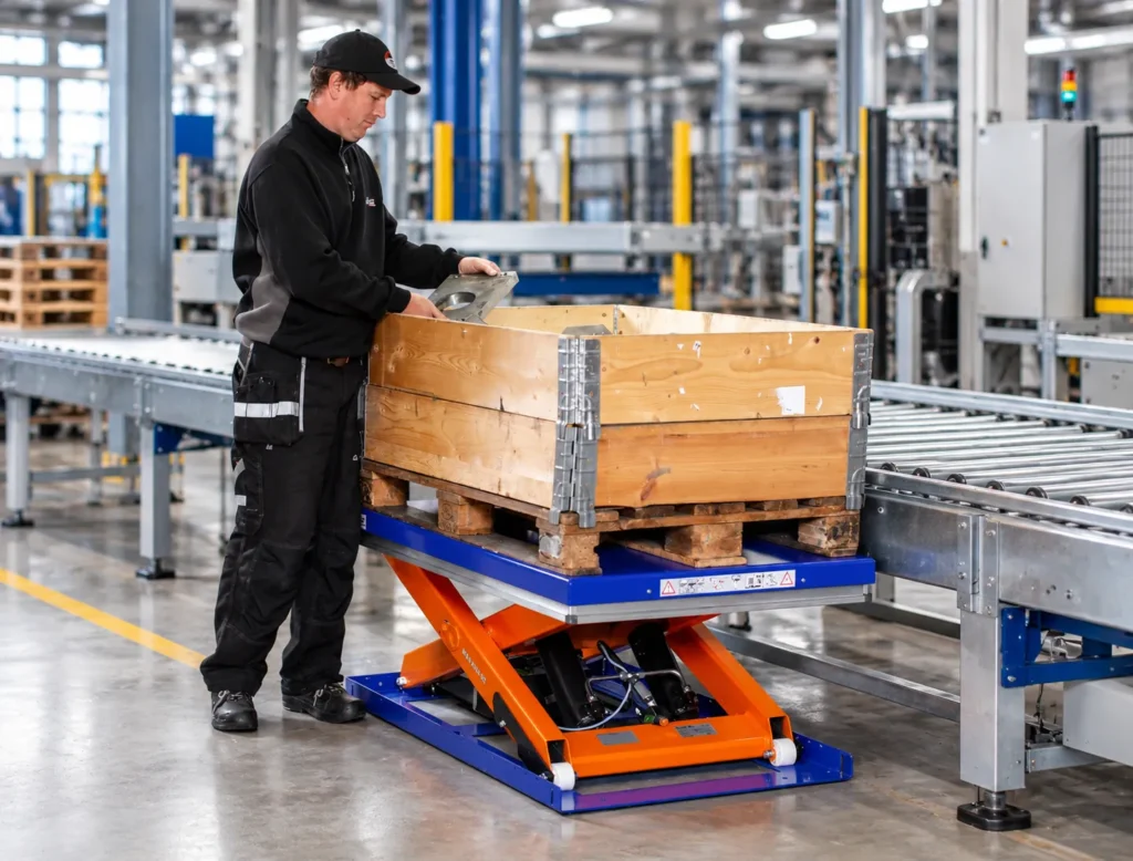 EdmoLift hidraulikus ollós emelőasztal rakodóládával gyártócsarnokban