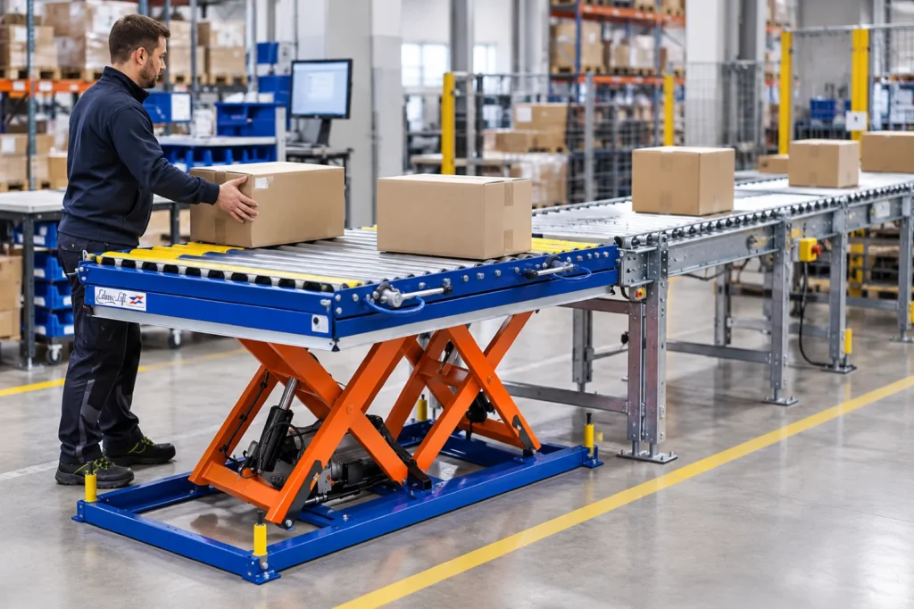 EdmoLift hidraulikus ollós emelőasztal görgős pályával csomagolóüzemben
